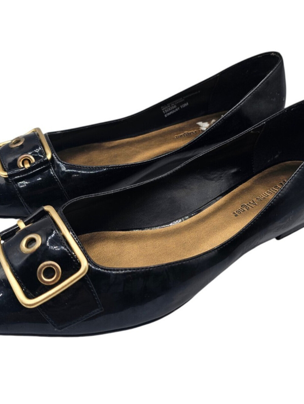 Etienne Aigner Womens Sz 10 Stardust Peep Toe Formal Shoes Black w/ Gold Buckle